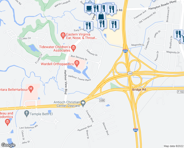map of restaurants, bars, coffee shops, grocery stores, and more near 7185 Harbour Towne Parkway in Suffolk