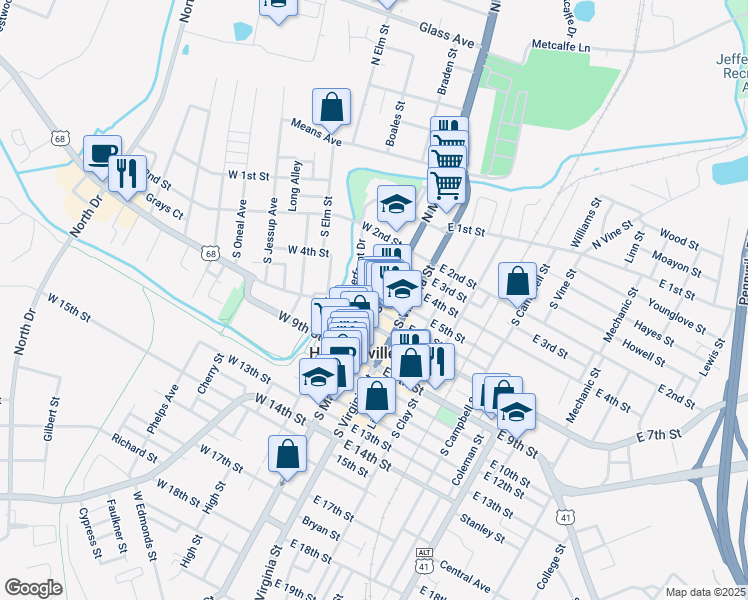map of restaurants, bars, coffee shops, grocery stores, and more near 503 South Main Street in Hopkinsville