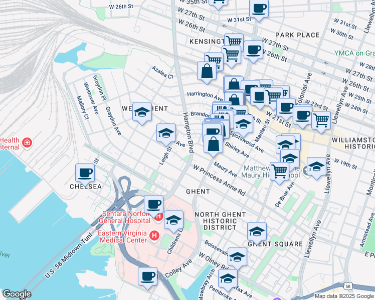 map of restaurants, bars, coffee shops, grocery stores, and more near 1209 Hampton Boulevard in Norfolk