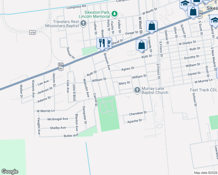 map of restaurants, bars, coffee shops, grocery stores, and more near 525 Coleman Street in Sikeston