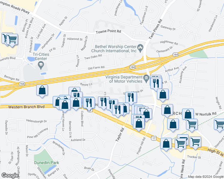 map of restaurants, bars, coffee shops, grocery stores, and more near 35 Willow Bend Court in Portsmouth