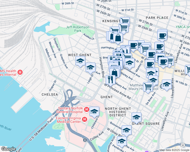 map of restaurants, bars, coffee shops, grocery stores, and more near 938 West Princess Anne Road in Norfolk