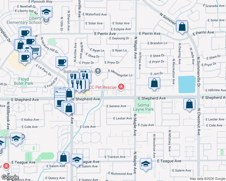map of restaurants, bars, coffee shops, grocery stores, and more near 1650 East Shepherd Avenue in Fresno
