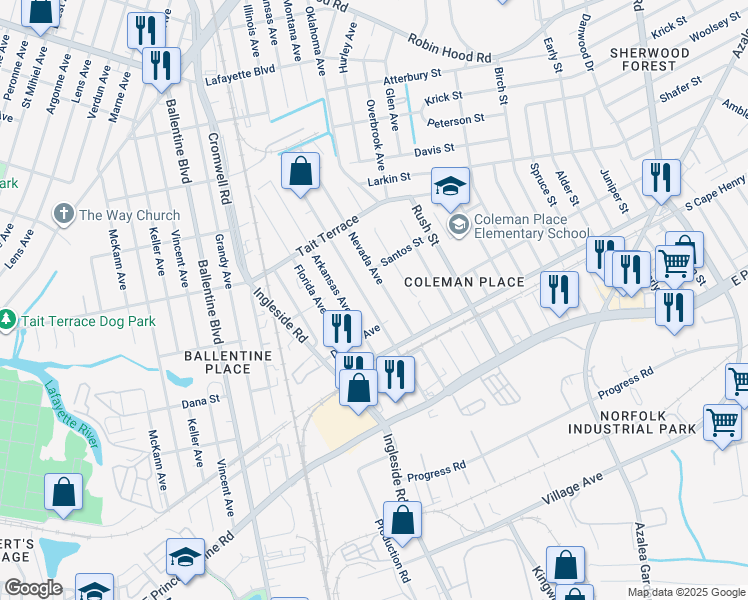 map of restaurants, bars, coffee shops, grocery stores, and more near 2420 Wyoming Avenue in Norfolk