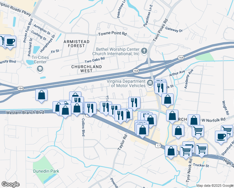 map of restaurants, bars, coffee shops, grocery stores, and more near 14 Willow Bend Court in Portsmouth