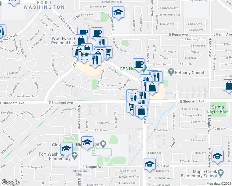 map of restaurants, bars, coffee shops, grocery stores, and more near 1325 East Foxhill Drive in Fresno