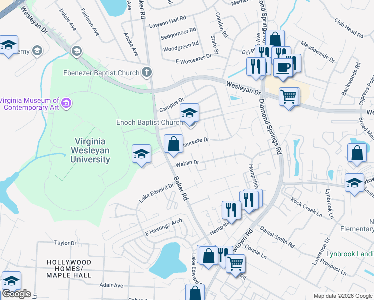 map of restaurants, bars, coffee shops, grocery stores, and more near 801 Diploma Court in Virginia Beach