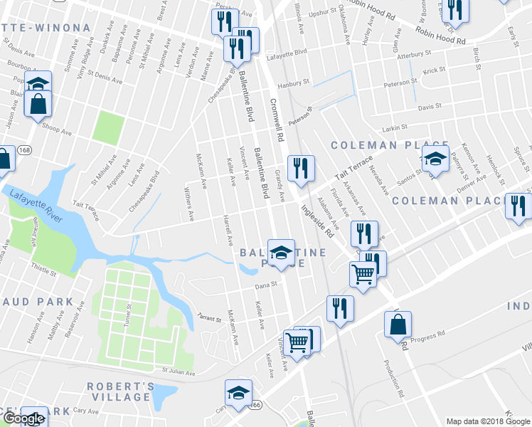 map of restaurants, bars, coffee shops, grocery stores, and more near 2537 Vincent Avenue in Norfolk