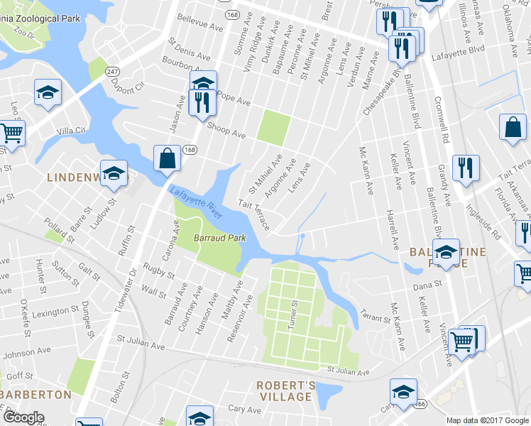 map of restaurants, bars, coffee shops, grocery stores, and more near 2616 Tait Terrace in Norfolk