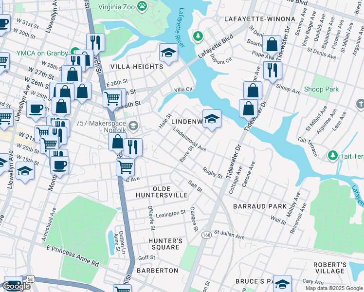 map of restaurants, bars, coffee shops, grocery stores, and more near 2401 Barre Street in Norfolk