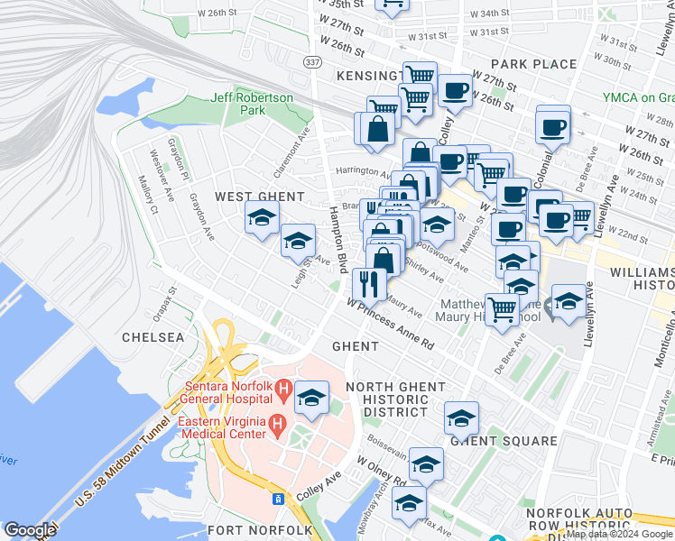 map of restaurants, bars, coffee shops, grocery stores, and more near 1209 Hampton Boulevard in Norfolk