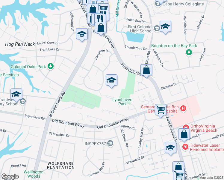 map of restaurants, bars, coffee shops, grocery stores, and more near 1250 Bayne Drive in Virginia Beach
