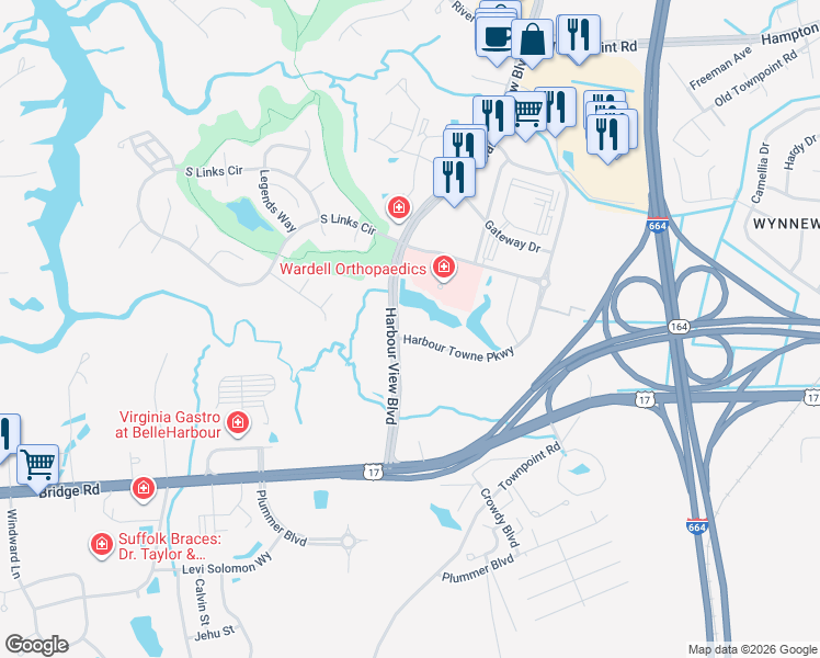 map of restaurants, bars, coffee shops, grocery stores, and more near 5806 Harbour View Boulevard in Suffolk