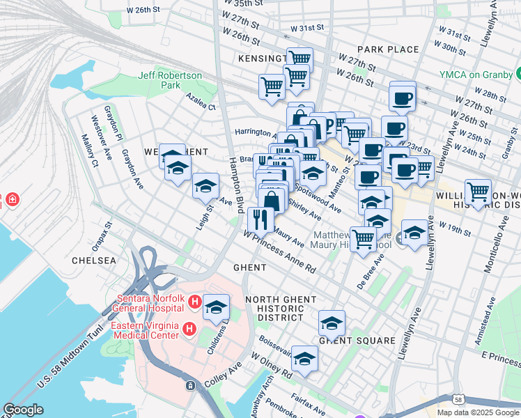 map of restaurants, bars, coffee shops, grocery stores, and more near 849 Baldwin Avenue in Norfolk