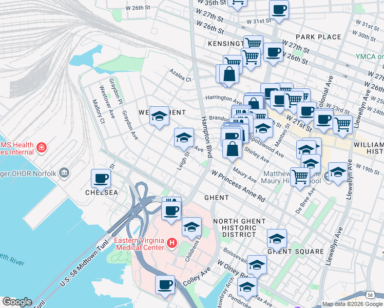 map of restaurants, bars, coffee shops, grocery stores, and more near 938 West Princess Anne Road in Norfolk