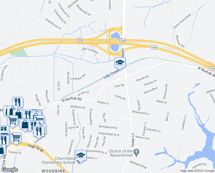 map of restaurants, bars, coffee shops, grocery stores, and more near 3816 Pine Road in Portsmouth