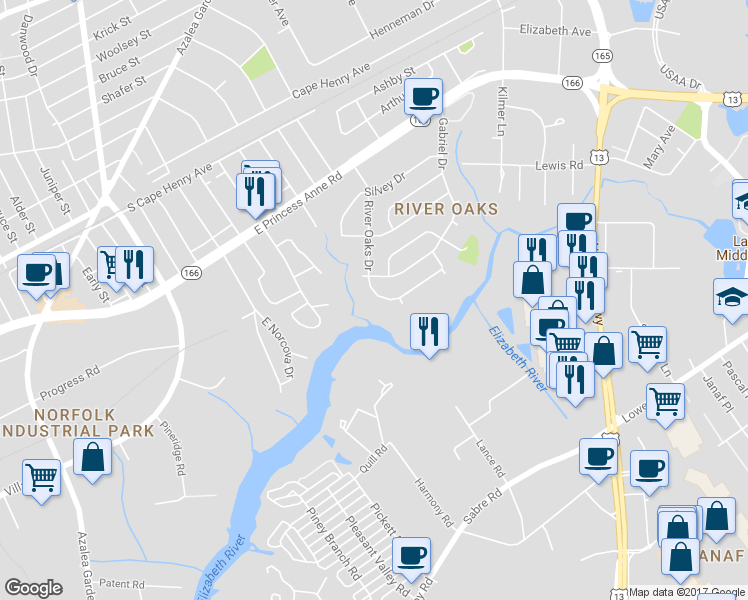map of restaurants, bars, coffee shops, grocery stores, and more near 1281 River Oaks Drive in Norfolk