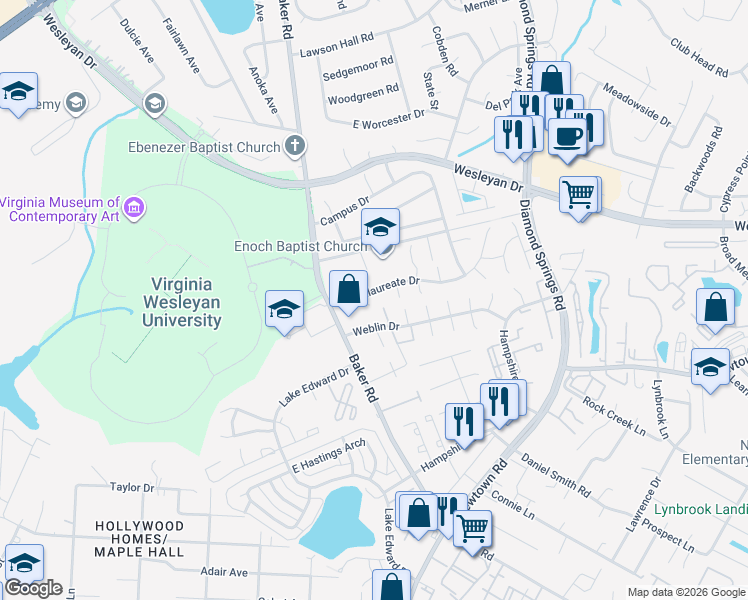 map of restaurants, bars, coffee shops, grocery stores, and more near 801 Diploma Court in Virginia Beach