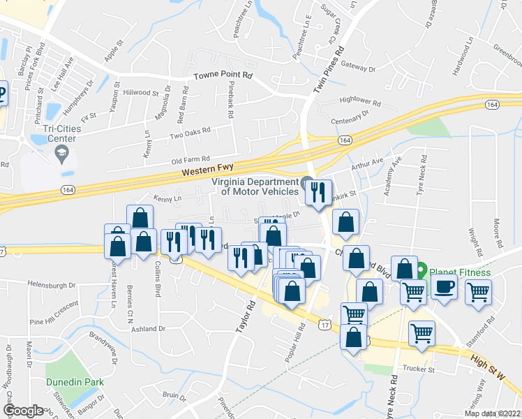 map of restaurants, bars, coffee shops, grocery stores, and more near 35 River Green Court in Portsmouth