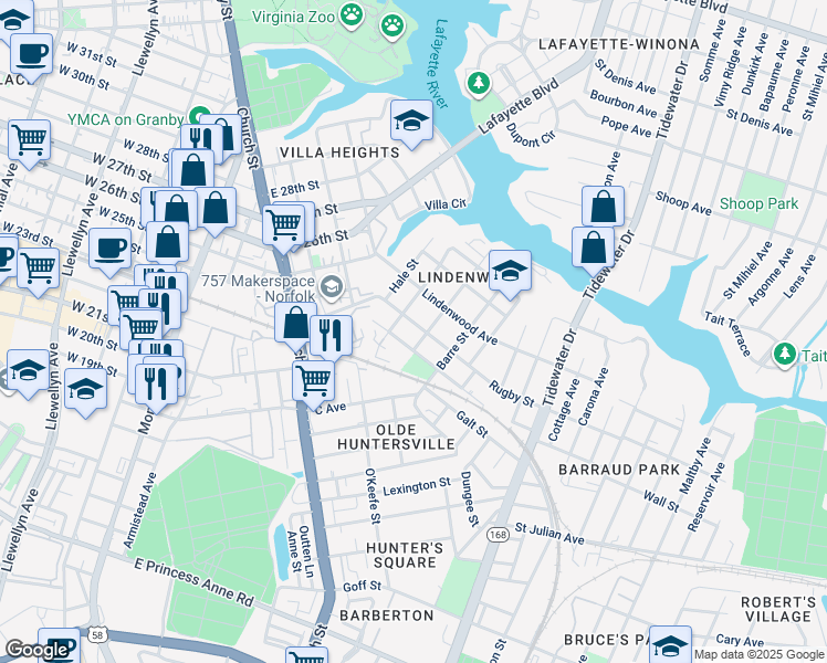 map of restaurants, bars, coffee shops, grocery stores, and more near 871 Rugby Street in Norfolk