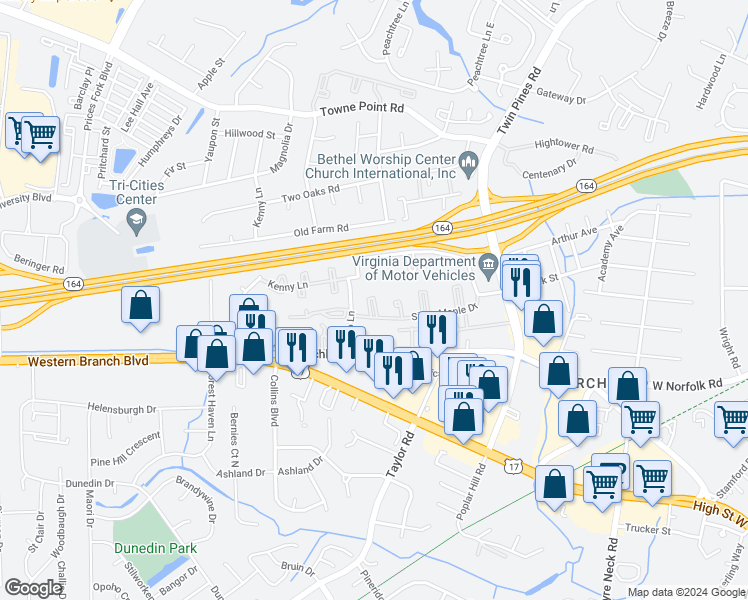 map of restaurants, bars, coffee shops, grocery stores, and more near 41 Willow Bend Court in Portsmouth