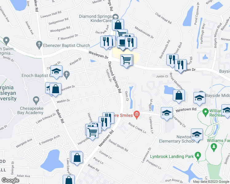 map of restaurants, bars, coffee shops, grocery stores, and more near 804 Zircon Ct in Virginia Beach