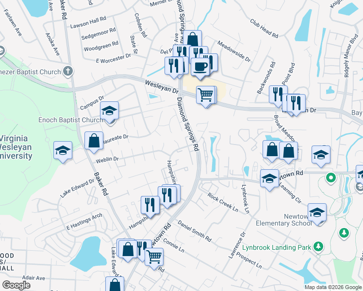 map of restaurants, bars, coffee shops, grocery stores, and more near 772 Hampshire Lane in Virginia Beach