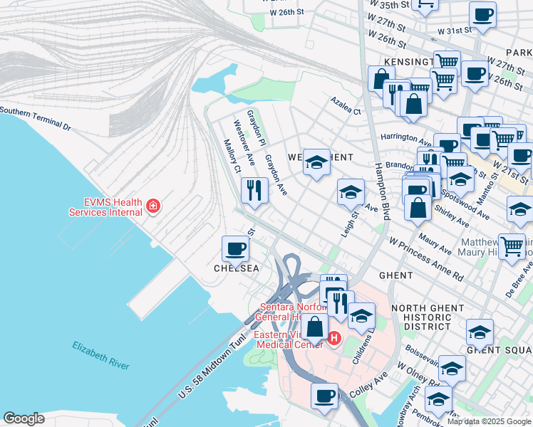 map of restaurants, bars, coffee shops, grocery stores, and more near 914 Orapax Street in Norfolk