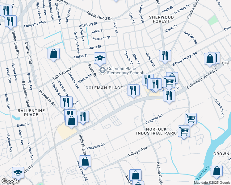 map of restaurants, bars, coffee shops, grocery stores, and more near 3811 Cape Henry Avenue in Norfolk