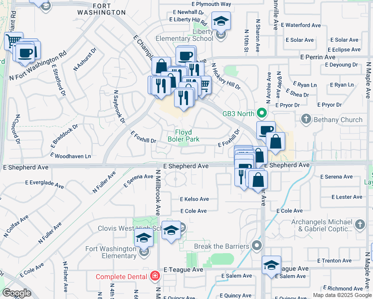 map of restaurants, bars, coffee shops, grocery stores, and more near 1145 East Woodhaven Lane in Fresno
