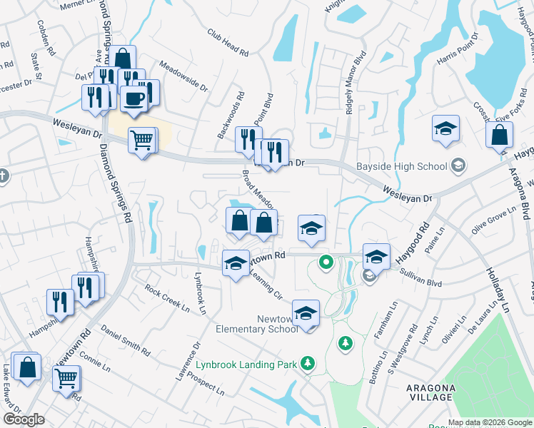 map of restaurants, bars, coffee shops, grocery stores, and more near 5317 Henderson Place in Virginia Beach