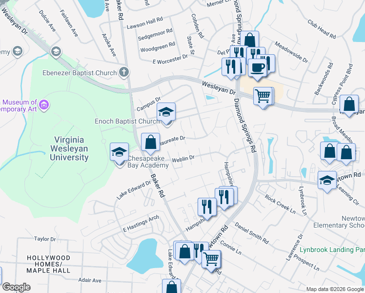 map of restaurants, bars, coffee shops, grocery stores, and more near 830 North Buckingham Court in Virginia Beach