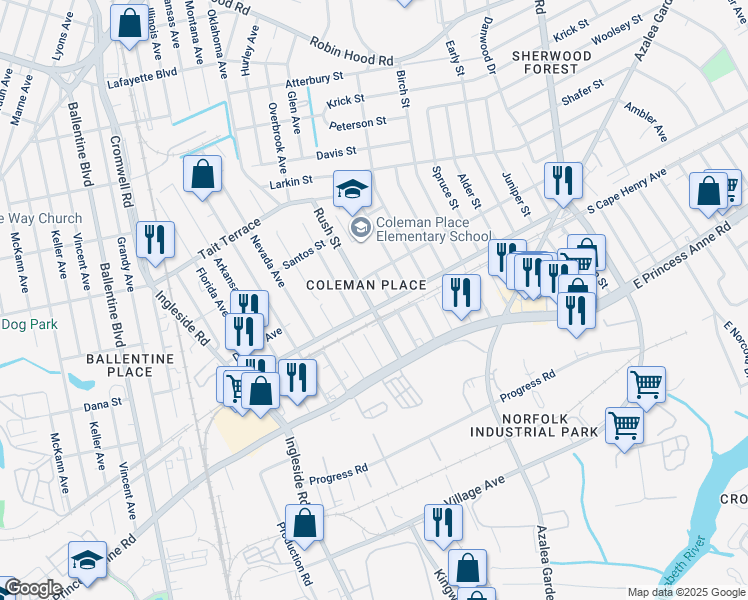 map of restaurants, bars, coffee shops, grocery stores, and more near 3727 Cape Henry Avenue in Norfolk