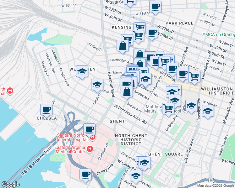 map of restaurants, bars, coffee shops, grocery stores, and more near 1209 Hampton Boulevard in Norfolk