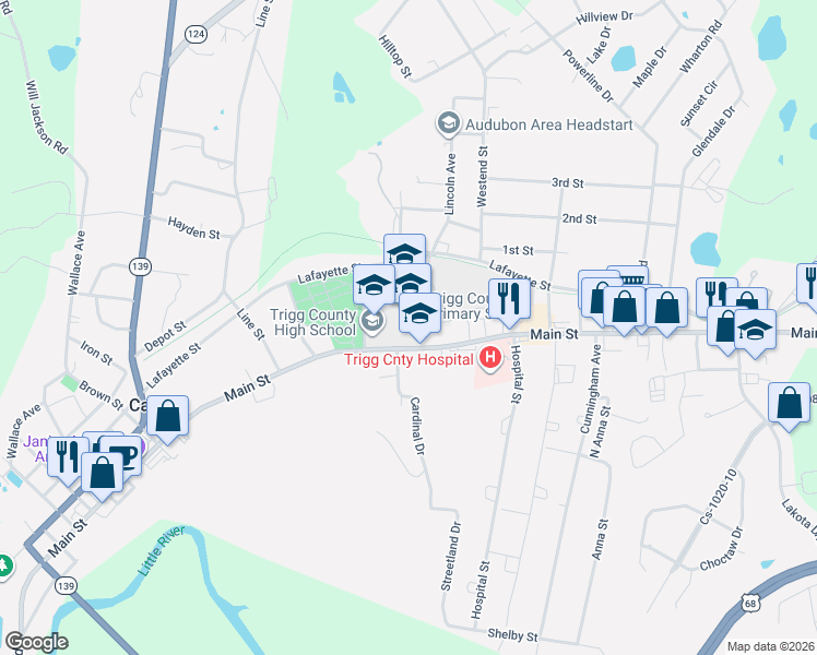 map of restaurants, bars, coffee shops, grocery stores, and more near 220 Main Street in Cadiz