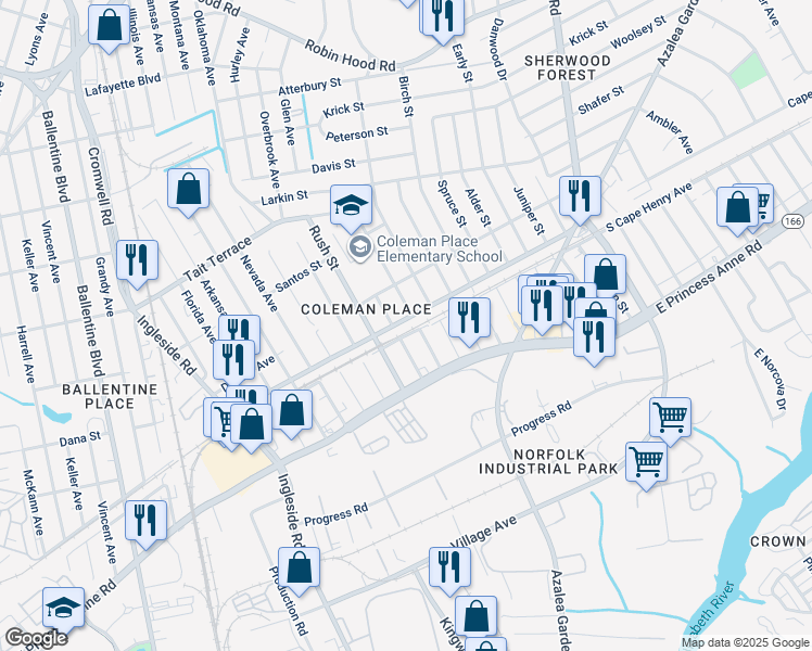 map of restaurants, bars, coffee shops, grocery stores, and more near 3811 Cape Henry Avenue in Norfolk