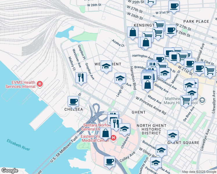 map of restaurants, bars, coffee shops, grocery stores, and more near 1119 Matoaka Street in Norfolk