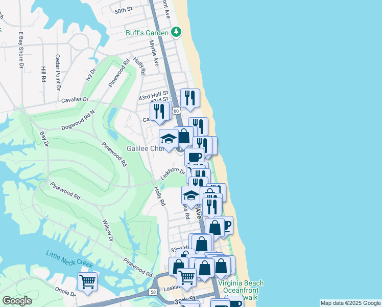 map of restaurants, bars, coffee shops, grocery stores, and more near 210 40th Street in Virginia Beach