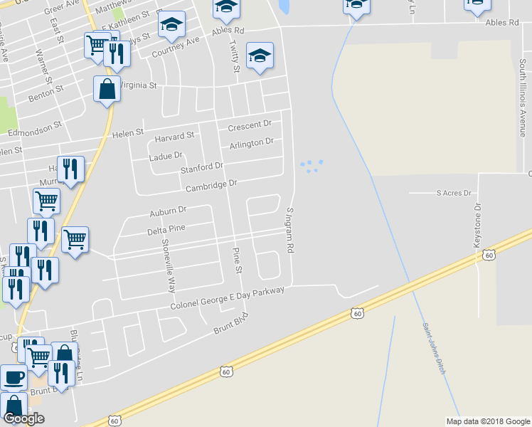 map of restaurants, bars, coffee shops, grocery stores, and more near Bucklin Circle in Sikeston