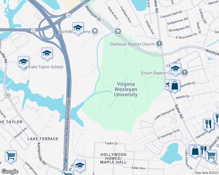 map of restaurants, bars, coffee shops, grocery stores, and more near Smith Drive in Virginia Beach