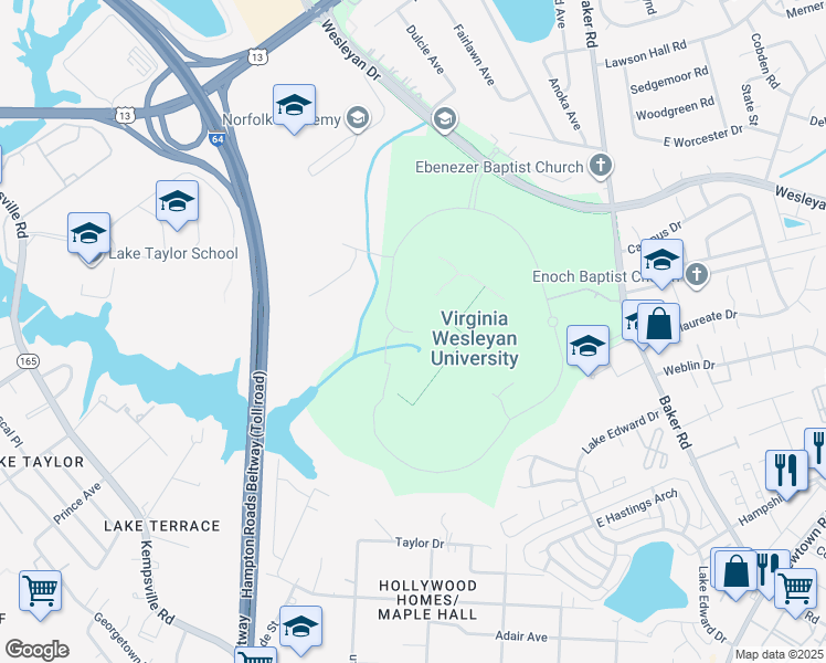 map of restaurants, bars, coffee shops, grocery stores, and more near Smith Drive in Virginia Beach