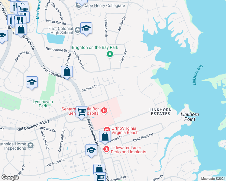 map of restaurants, bars, coffee shops, grocery stores, and more near 1628 Old Donation Parkway in Virginia Beach