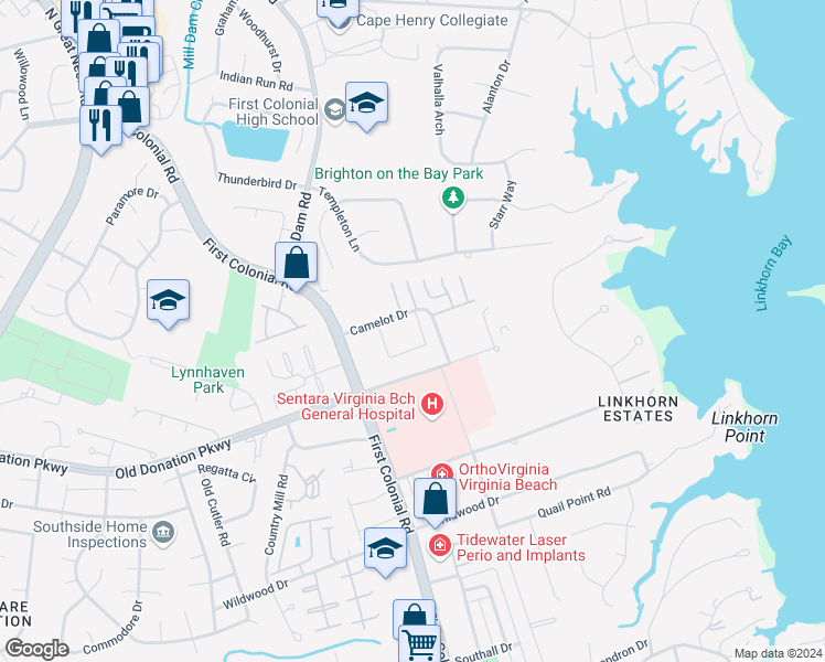 map of restaurants, bars, coffee shops, grocery stores, and more near 1801 Camelot Drive in Virginia Beach