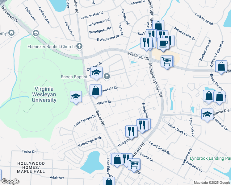 map of restaurants, bars, coffee shops, grocery stores, and more near 830 North Buckingham Court in Virginia Beach