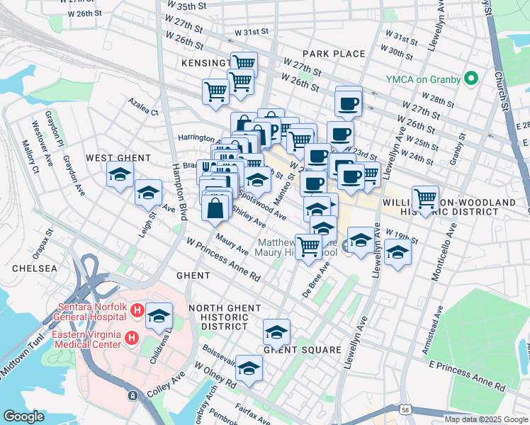 map of restaurants, bars, coffee shops, grocery stores, and more near 705 Spotswood Avenue in Norfolk