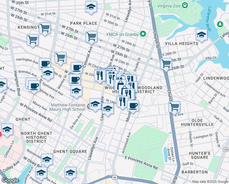 map of restaurants, bars, coffee shops, grocery stores, and more near 1901 Omohundro Avenue in Norfolk