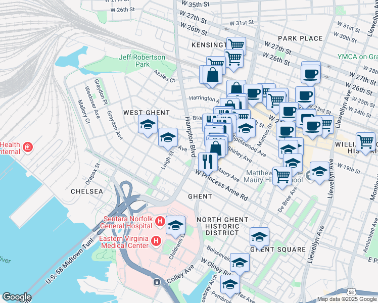 map of restaurants, bars, coffee shops, grocery stores, and more near 905 Baldwin Avenue in Norfolk