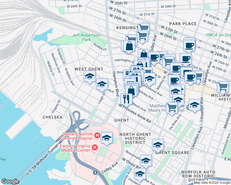 map of restaurants, bars, coffee shops, grocery stores, and more near 1307 Hampton Boulevard in Norfolk