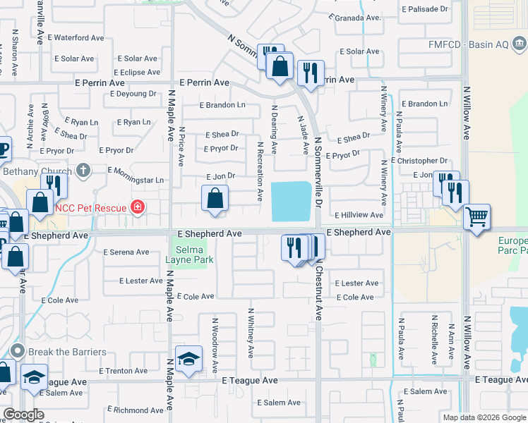 map of restaurants, bars, coffee shops, grocery stores, and more near 9036 North Recreation Avenue in Fresno