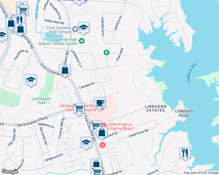 map of restaurants, bars, coffee shops, grocery stores, and more near 1107 Vintage Court in Virginia Beach